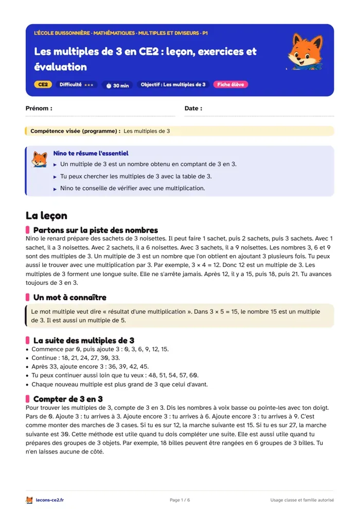 Aperçu de la fiche « Les multiples de 3 en CE2 : leçon, exercices et évaluation » en PDF