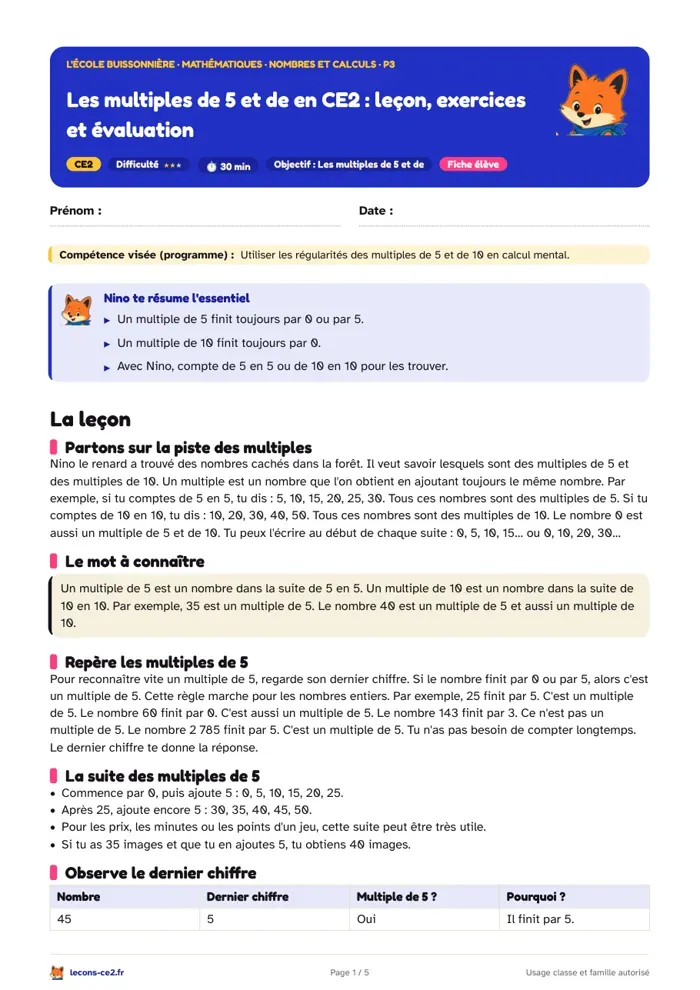 Aperçu de la fiche « Les multiples de 5 et de 10 en CE2 : compter de 5 en 5 et de 10 en 10 » en PDF