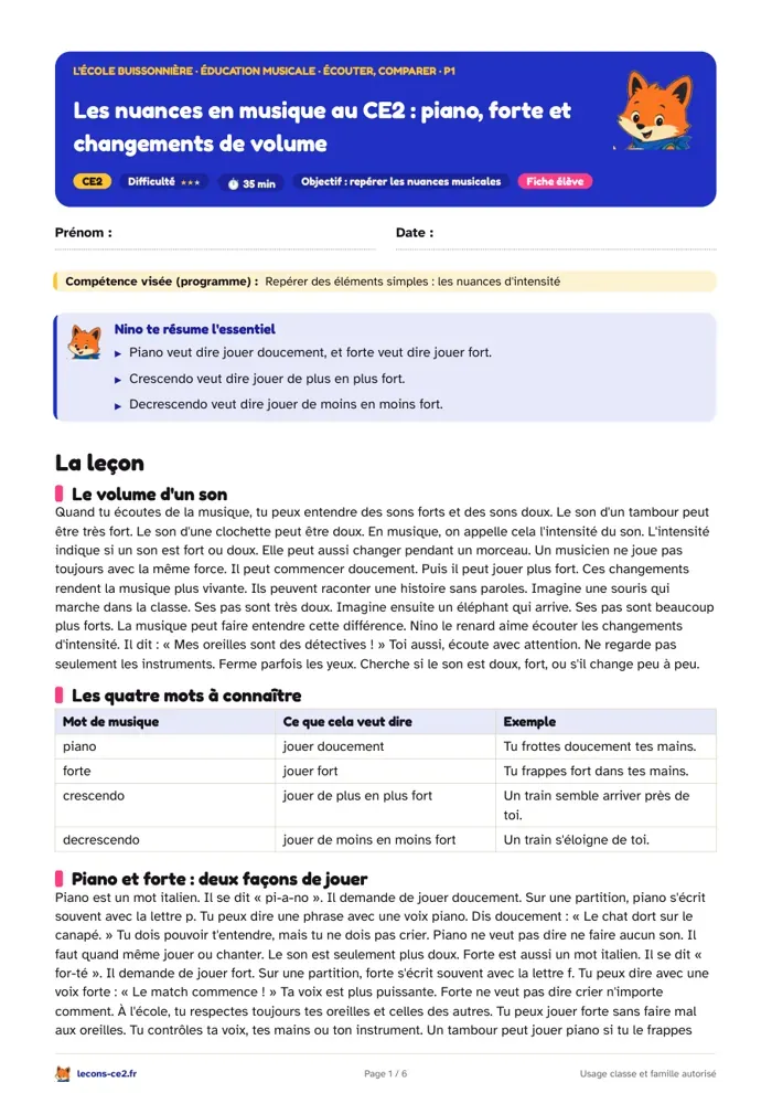 Aperçu de la fiche « Les nuances en musique au CE2 : piano, forte et changements de volume » en PDF