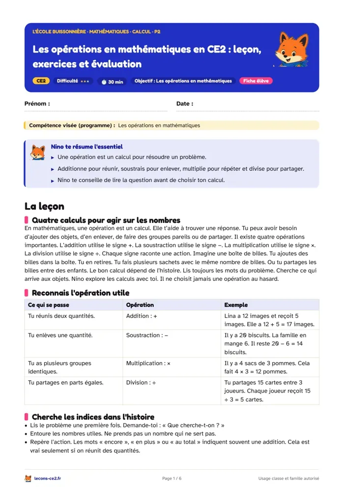 Aperçu de la fiche « Les opérations en mathématiques en CE2 : leçon, exercices et évaluation » en PDF