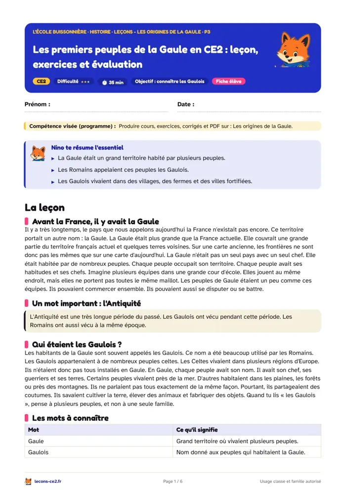 Aperçu de la fiche « Les premiers peuples de la Gaule en CE2 : leçon, exercices et évaluation » en PDF