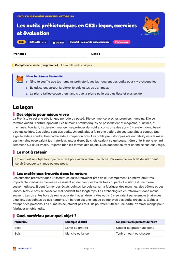 Aperçu de la fiche « Les outils préhistoriques en CE2 : leçon, exercices et évaluation » en PDF
