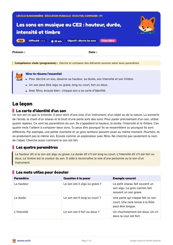 Aperçu de la fiche « Les sons en musique au CE2 : hauteur, durée, intensité et timbre » en PDF