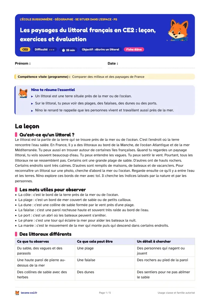 Aperçu de la fiche « Les paysages du littoral français en CE2 : leçon, exercices et évaluation » en PDF
