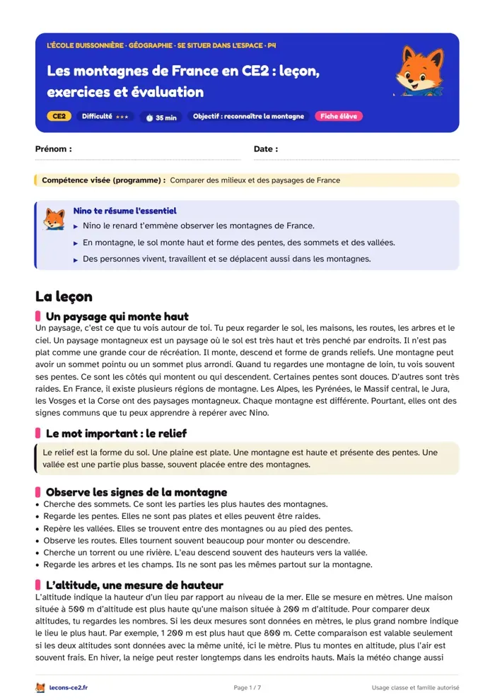 Aperçu de la fiche « Les montagnes de France en CE2 : leçon, exercices et évaluation » en PDF