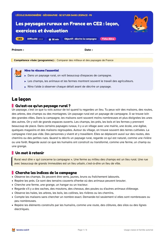 Aperçu de la fiche « Les paysages ruraux en France en CE2 : leçon, exercices et évaluation » en PDF