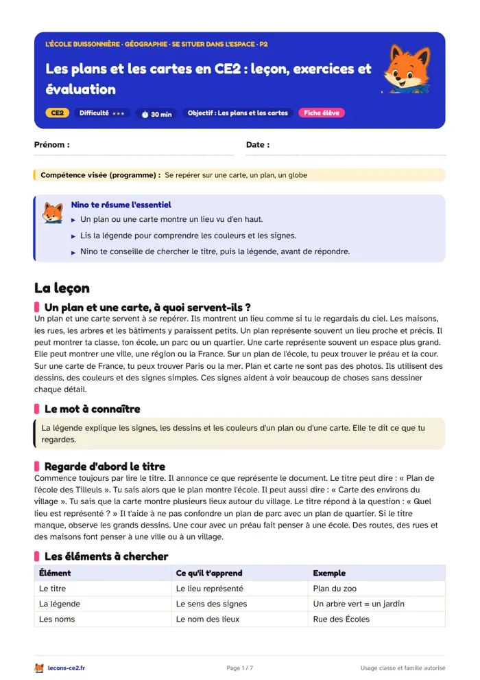 Aperçu de la fiche « Les plans et les cartes en CE2 : leçon, exercices et évaluation » en PDF