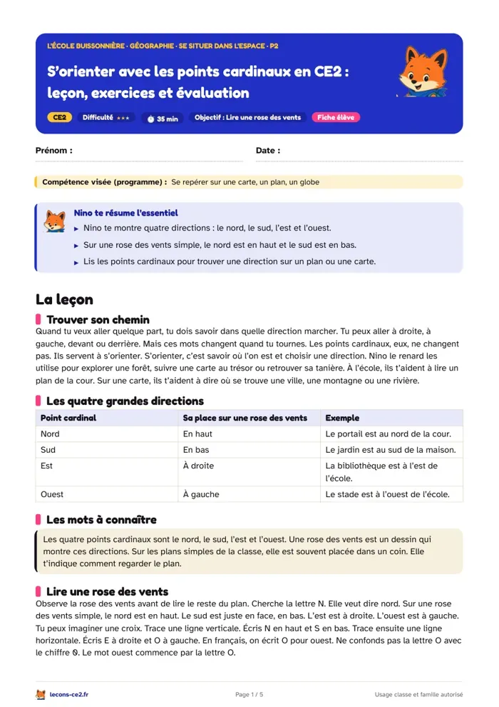 Aperçu de la fiche « S’orienter avec les points cardinaux en CE2 : leçon, exercices et évaluation » en PDF