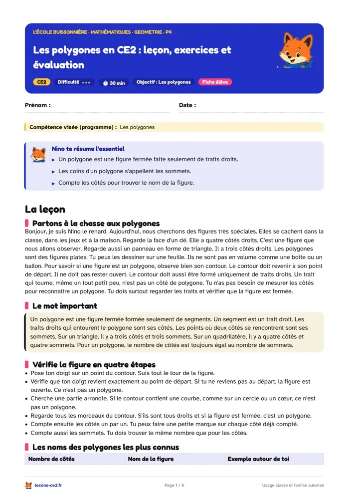 Aperçu de la fiche « Les polygones en CE2 : trouver le nom d’une figure selon ses côtés » en PDF