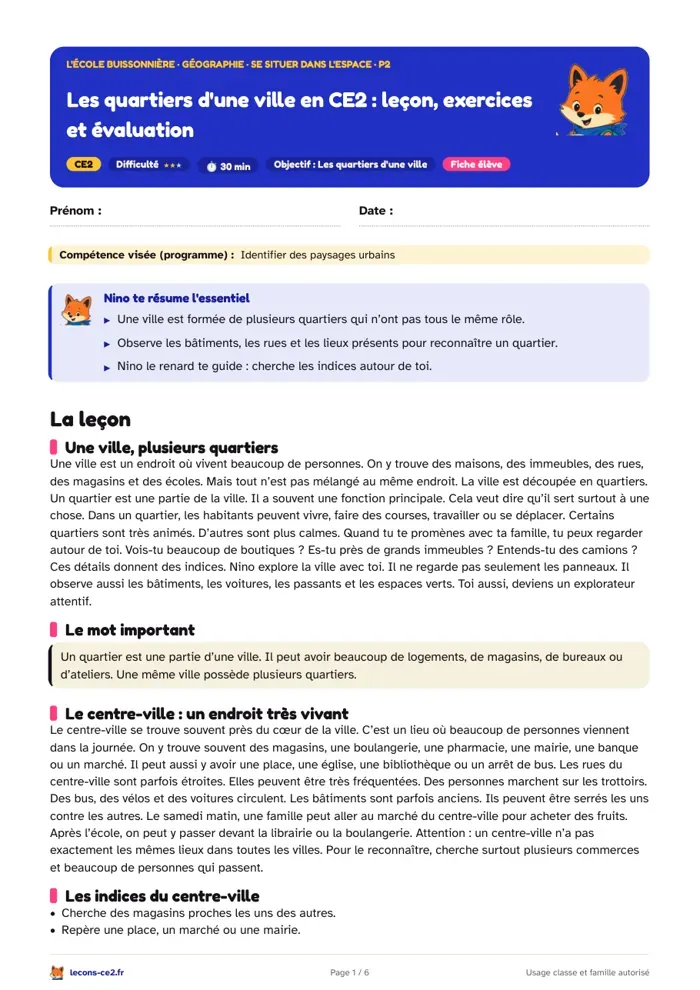 Aperçu de la fiche « Les quartiers d'une ville en CE2 : leçon, exercices et évaluation » en PDF