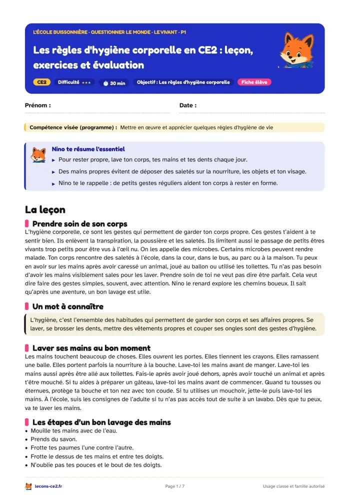 Aperçu de la fiche « Les règles d'hygiène corporelle en CE2 : leçon, exercices et évaluation » en PDF