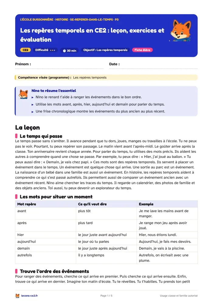 Aperçu de la fiche « Les repères temporels en CE2 : leçon, exercices et évaluation » en PDF