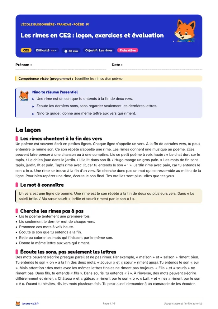 Aperçu de la fiche « Les rimes en CE2 : leçon, exercices et évaluation » en PDF