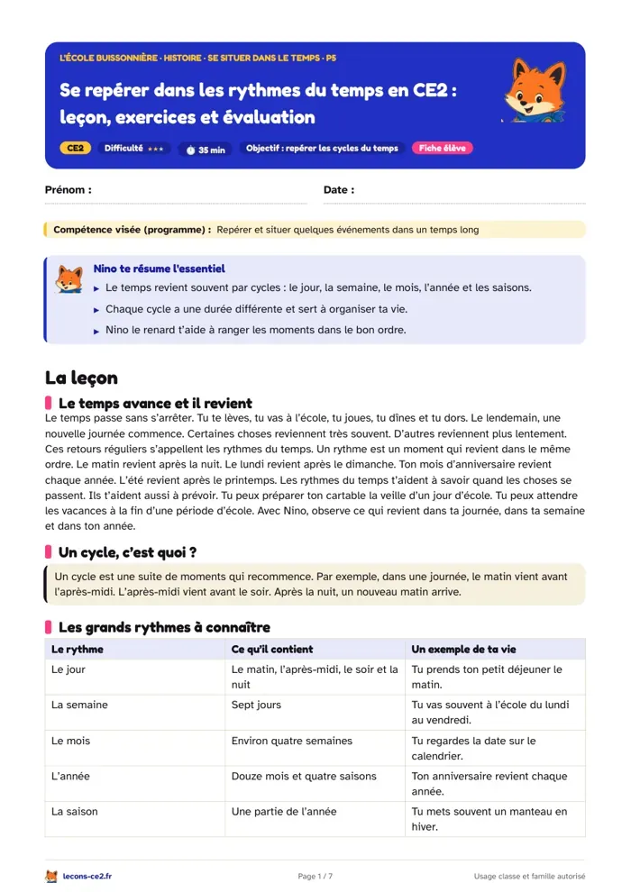 Aperçu de la fiche « Se repérer dans les rythmes du temps en CE2 : leçon, exercices et évaluation » en PDF