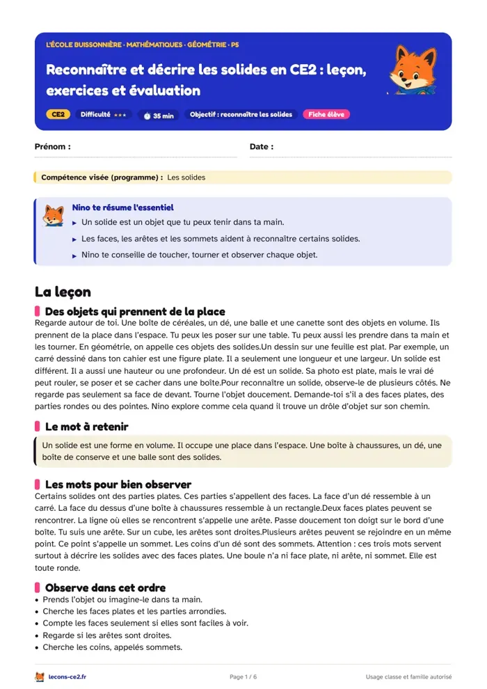 Aperçu de la fiche « Toucher, tourner et observer pour reconnaître les solides en CE2 » en PDF