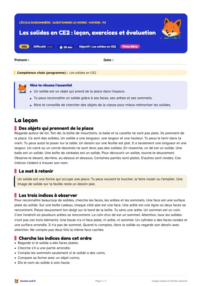 Aperçu de la fiche « Des objets de la classe aux familles de solides en CE2 » en PDF