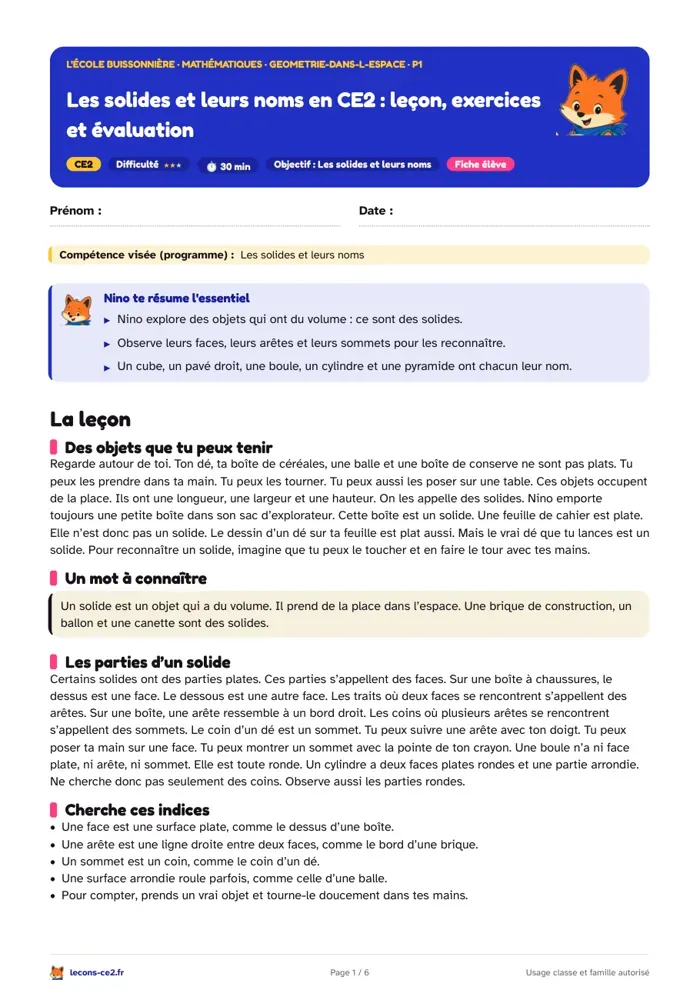 Aperçu de la fiche « Les solides et leurs noms en CE2 : leçon, exercices et évaluation » en PDF