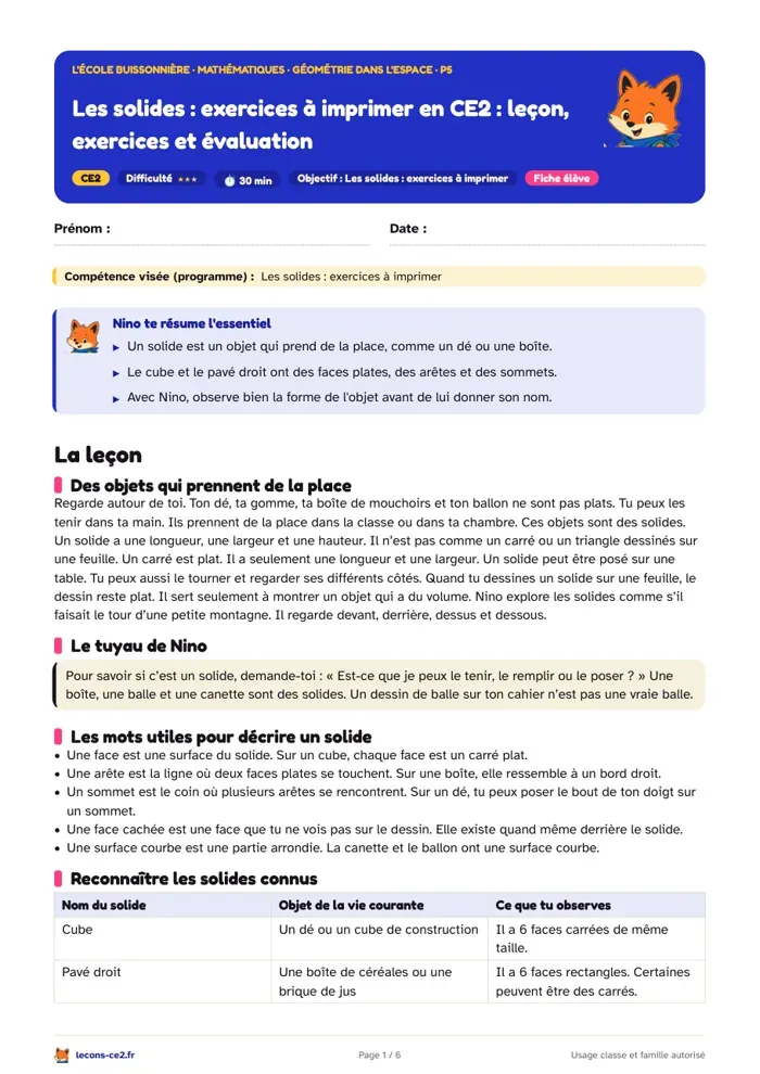 Aperçu de la fiche « Les solides en CE2 : leçon, exercices à imprimer et évaluation » en PDF