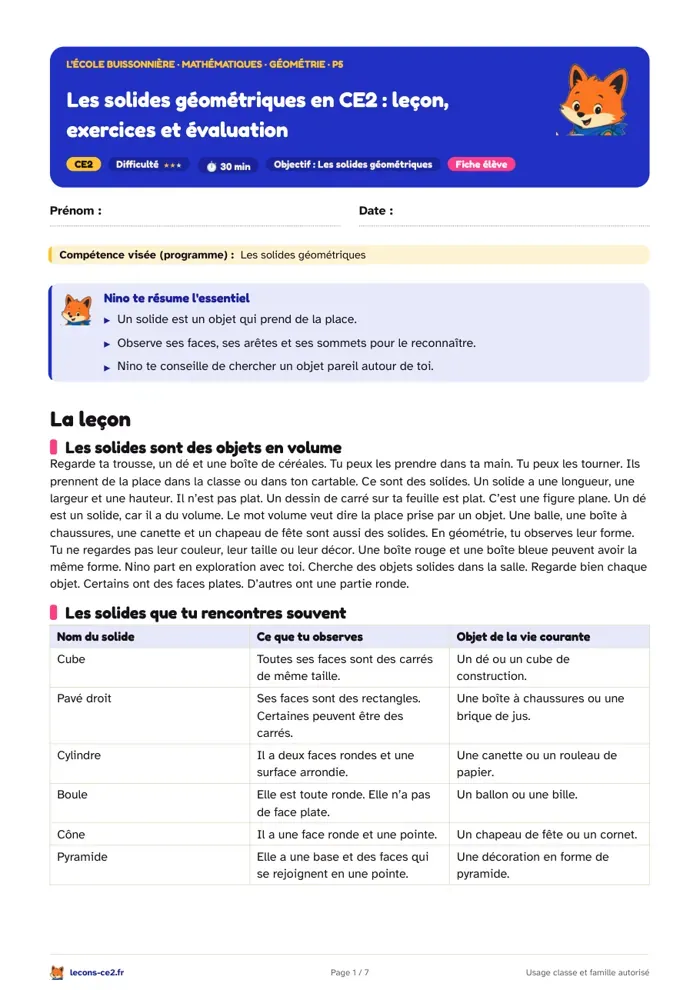 Aperçu de la fiche « Les solides géométriques en CE2 : leçon, exercices et évaluation » en PDF