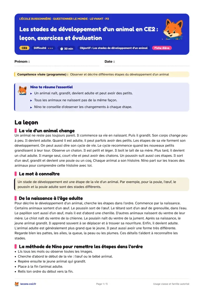 Aperçu de la fiche « Les stades de développement d'un animal en CE2 : leçon, exercices et évaluation » en PDF