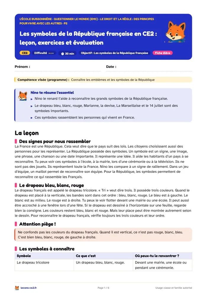 Aperçu de la fiche « Les symboles de la République française en CE2 : leçon, exercices et évaluation » en PDF