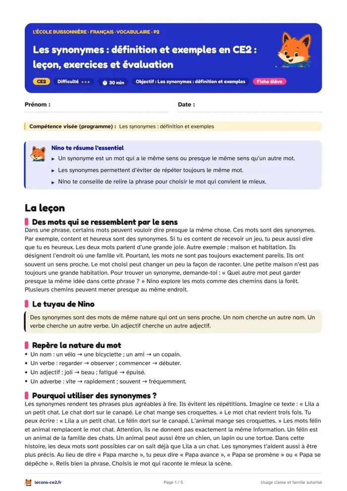 Aperçu de la fiche « Les synonymes, définition et exemples en CE2 : leçon, exercices et évaluation » en PDF