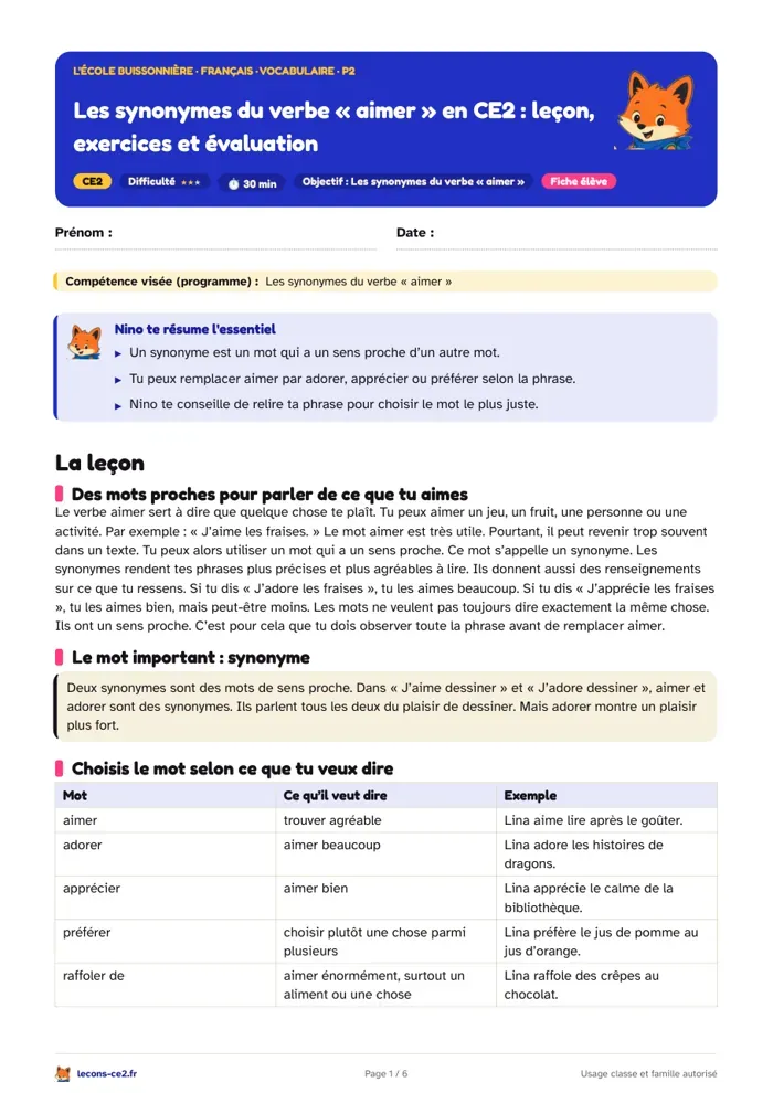 Aperçu de la fiche « Les synonymes du verbe « aimer » en CE2 : leçon, exercices et évaluation » en PDF