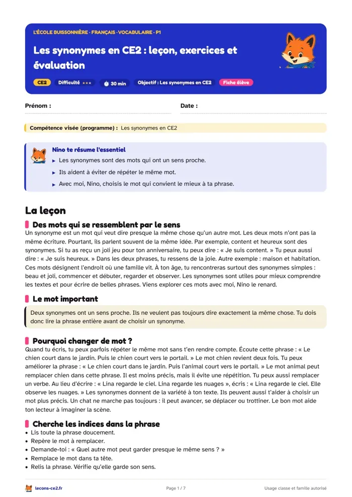 Aperçu de la fiche « Comment remplacer un mot répété par un synonyme qui convient en CE2 » en PDF