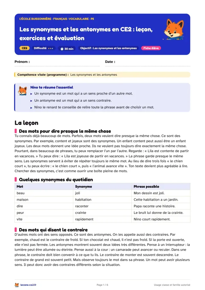 Aperçu de la fiche « Les synonymes et les antonymes en CE2 : leçon, exercices et évaluation » en PDF
