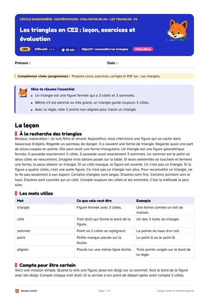 Aperçu de la fiche « Les triangles en CE2 : leçon, exercices et évaluation » en PDF