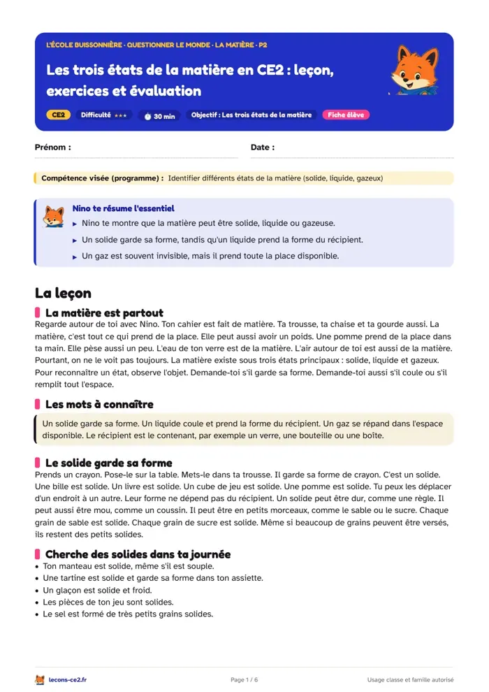 Aperçu de la fiche « Les trois états de la matière en CE2 : leçon, exercices et évaluation » en PDF