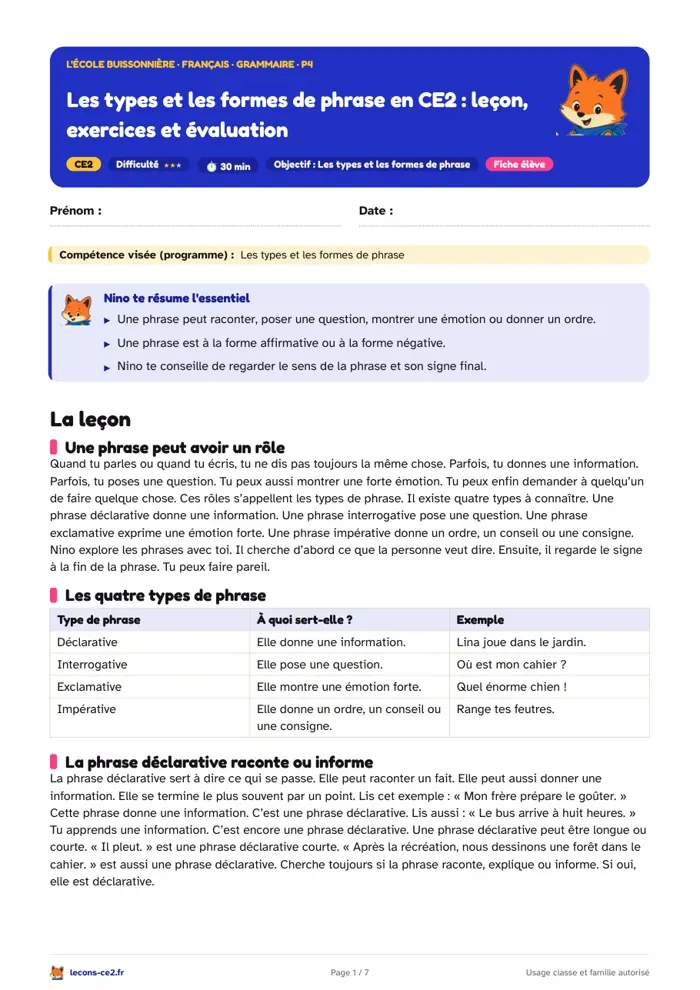 Aperçu de la fiche « Les types et les formes de phrase en CE2 : leçon, exercices et évaluation » en PDF