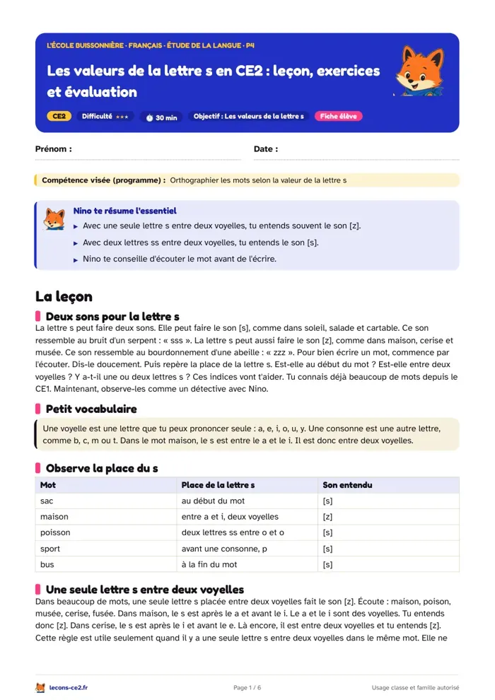 Aperçu de la fiche « Les valeurs de la lettre s en CE2 : leçon, exercices et évaluation » en PDF
