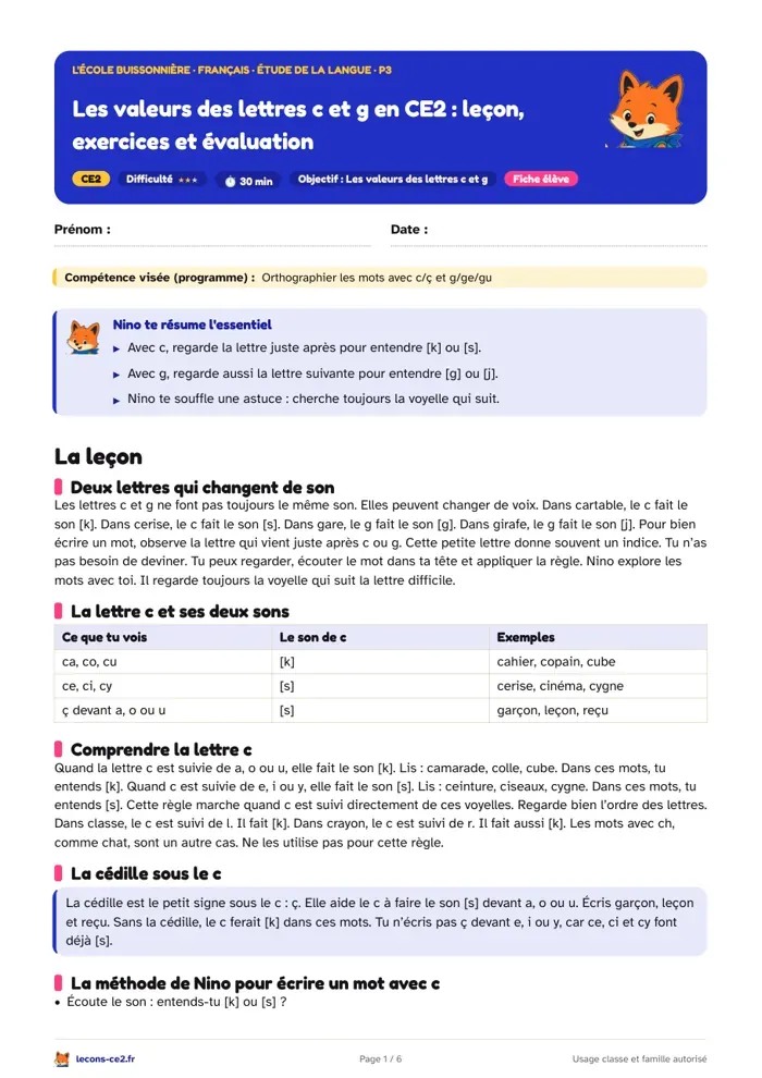 Aperçu de la fiche « Les valeurs des lettres c et g en CE2 : leçon, exercices et évaluation » en PDF
