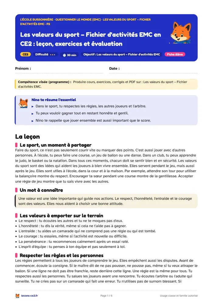 Aperçu de la fiche « Gagner sans tricher et jouer ensemble : les valeurs du sport en CE2 » en PDF