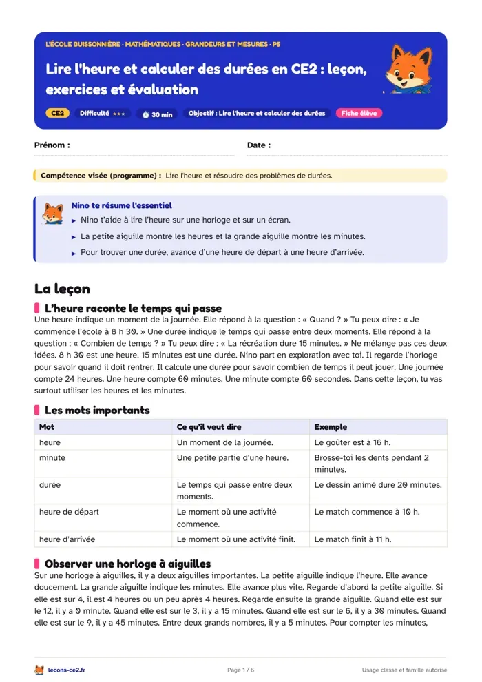 Aperçu de la fiche « Lire l'heure et calculer des durées en CE2 : leçon, exercices et évaluation » en PDF