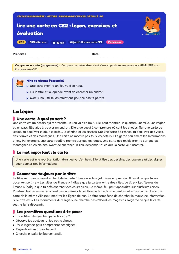 Aperçu de la fiche « Lire une carte en CE2 : leçon, exercices et évaluation » en PDF