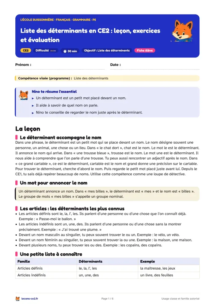 Aperçu de la fiche « Liste des déterminants en CE2 : leçon, exercices et évaluation » en PDF
