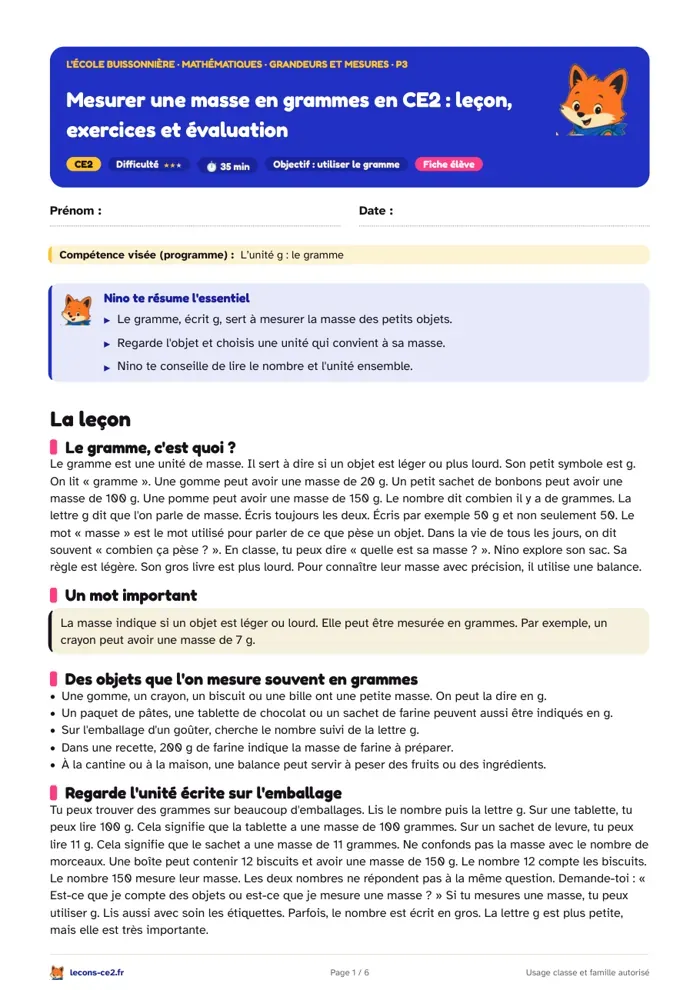 Aperçu de la fiche « Mesurer une masse en grammes en CE2 : leçon, exercices et évaluation » en PDF