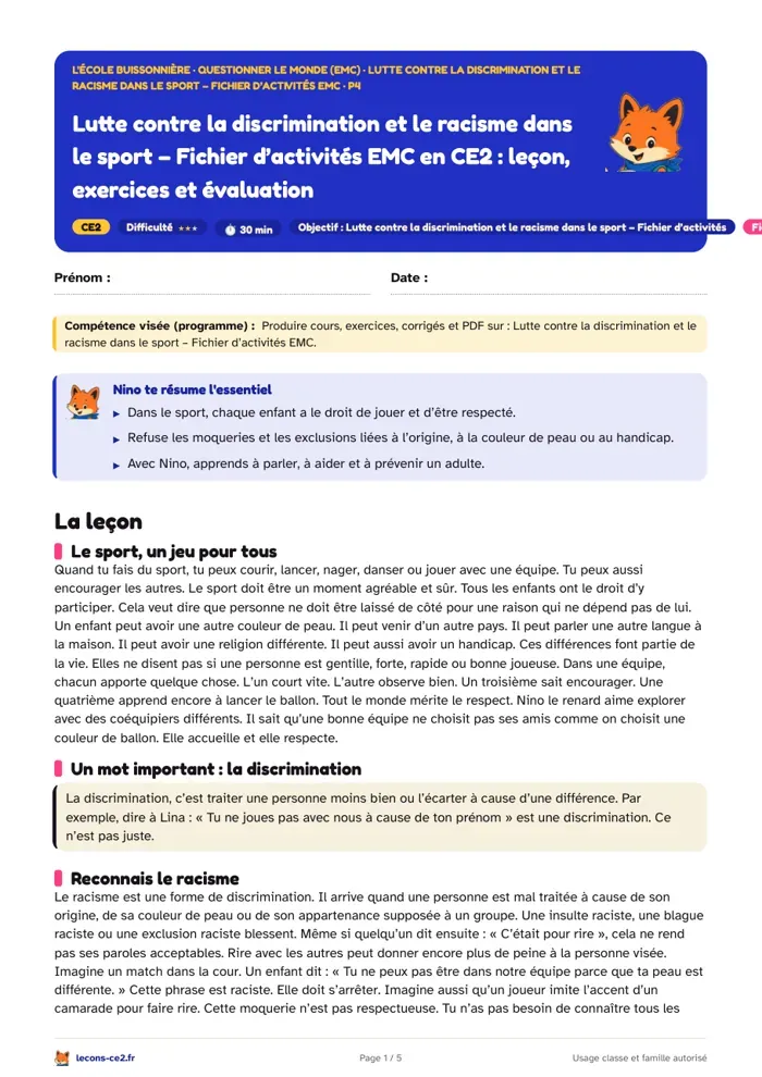 Aperçu de la fiche « Lutter contre le racisme et la discrimination dans le sport en CE2 » en PDF