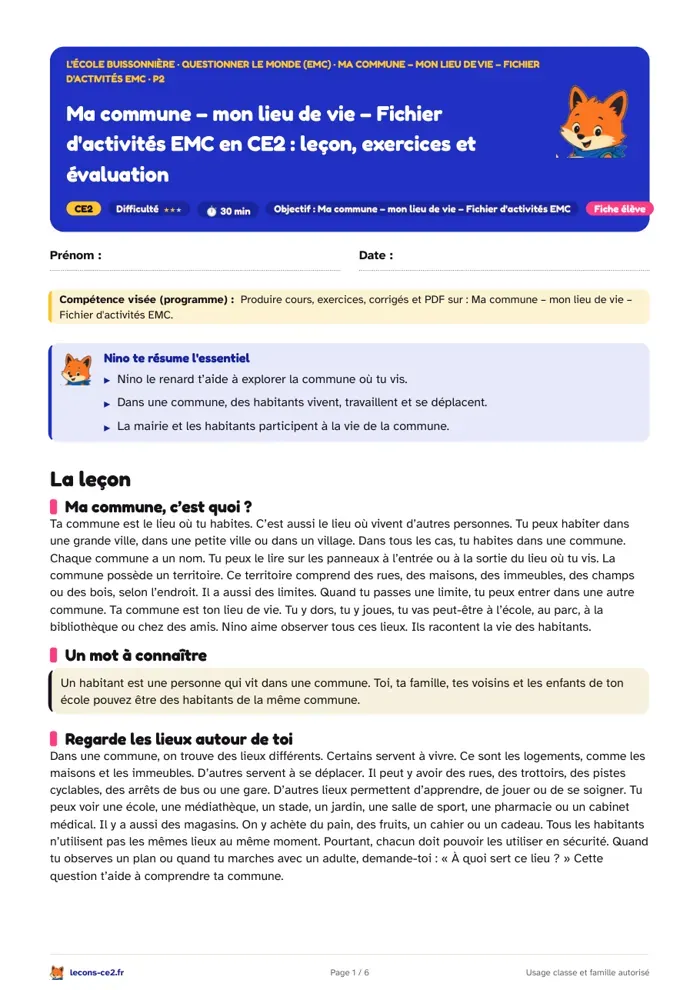 Aperçu de la fiche « Explorer ta commune et ton lieu de vie en CE2 : lieux, usages et mairie » en PDF
