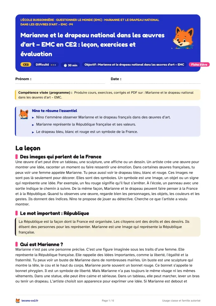 Aperçu de la fiche « Marianne et le drapeau national dans les œuvres d’art, EMC en CE2 : leçon, exercices et évaluation » en PDF
