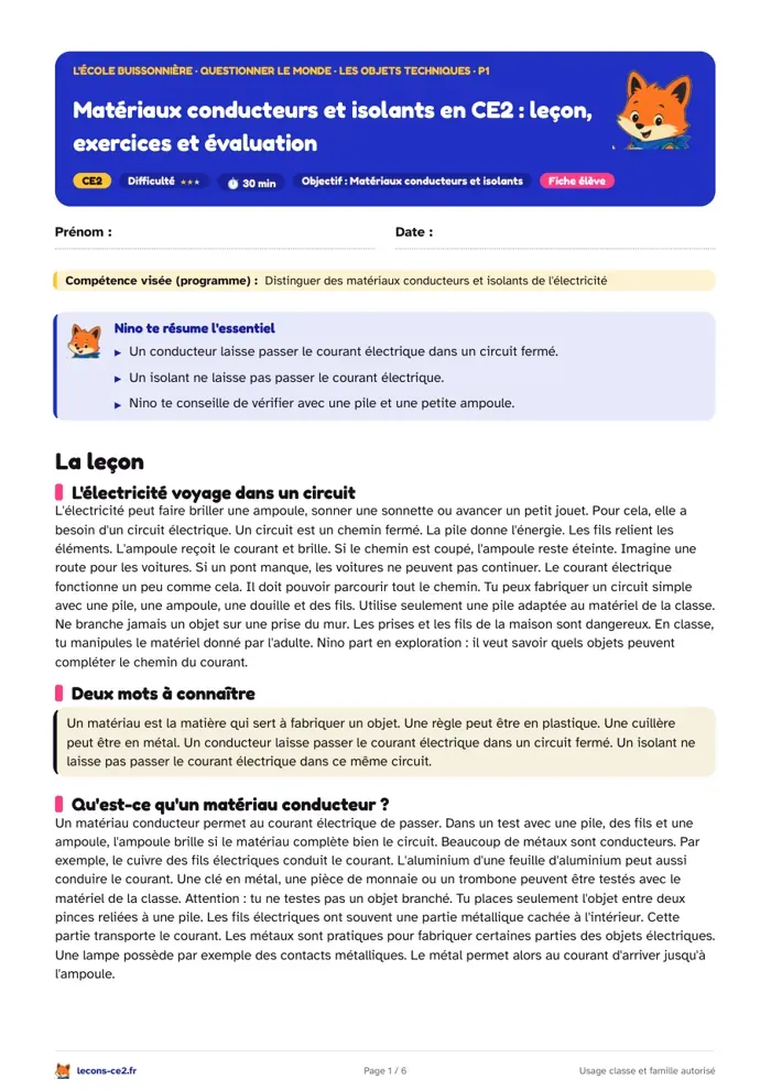 Aperçu de la fiche « Matériaux conducteurs et isolants en CE2 : leçon, exercices et évaluation » en PDF