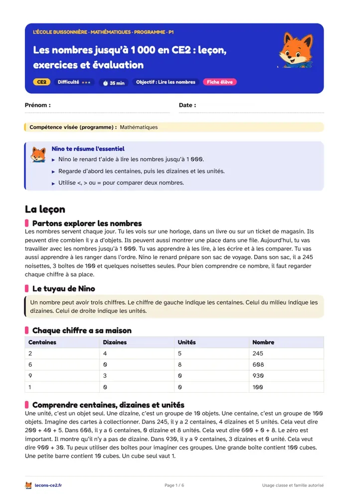 Aperçu de la fiche « Les nombres jusqu’à 1 000 en CE2 : leçon, exercices et évaluation » en PDF