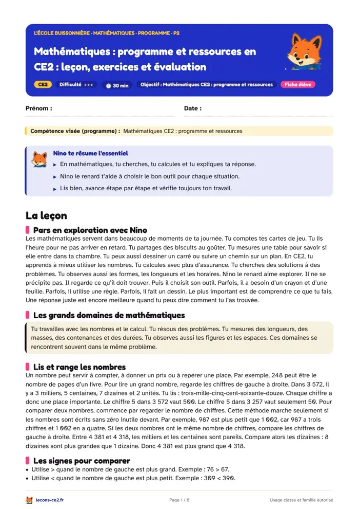Aperçu de la fiche « Programme et ressources de mathématiques en CE2 : leçon, exercices et évaluation » en PDF