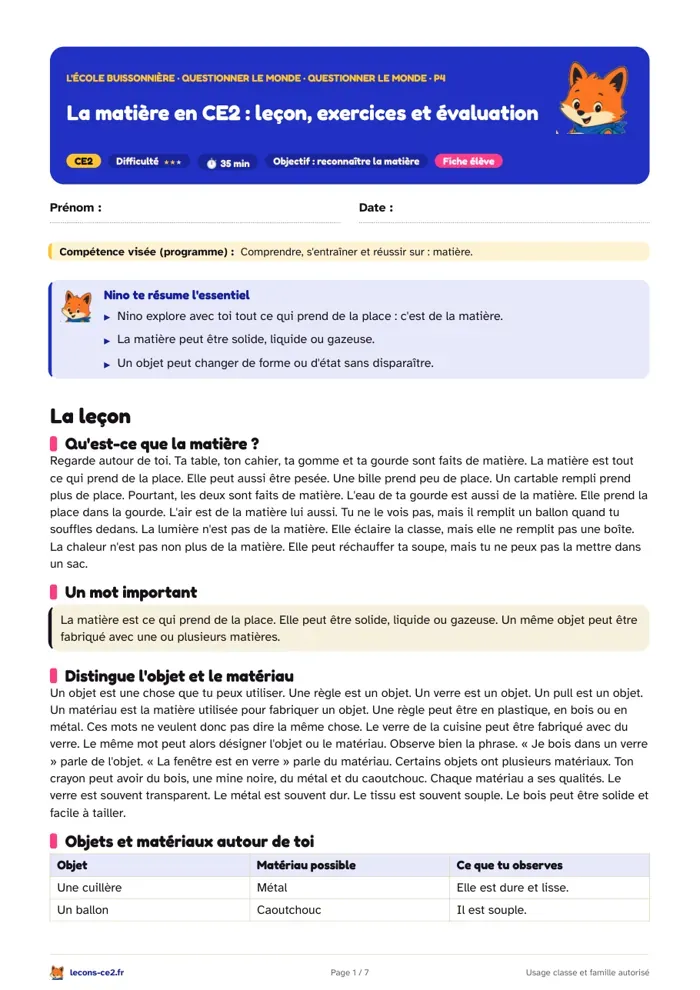 Aperçu de la fiche « La matière en CE2 : leçon, exercices et évaluation » en PDF