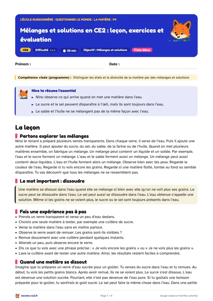 Aperçu de la fiche « Mélanges et solutions en CE2 : leçon, exercices et évaluation » en PDF