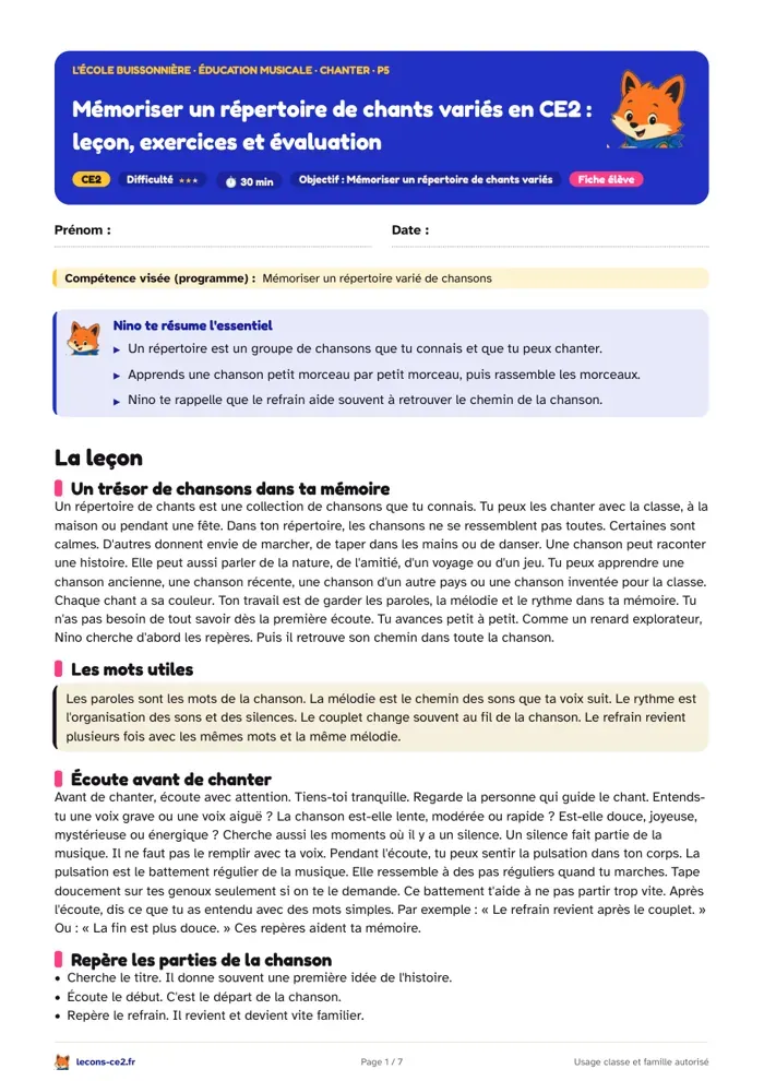 Aperçu de la fiche « Mémoriser un répertoire de chants variés en CE2 : leçon, exercices et évaluation » en PDF