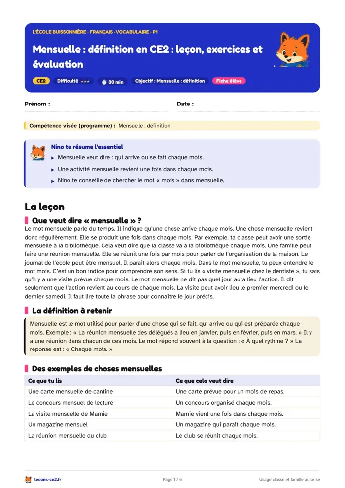 Aperçu de la fiche « Mensuelle, définition en CE2 : leçon, exercices et évaluation » en PDF
