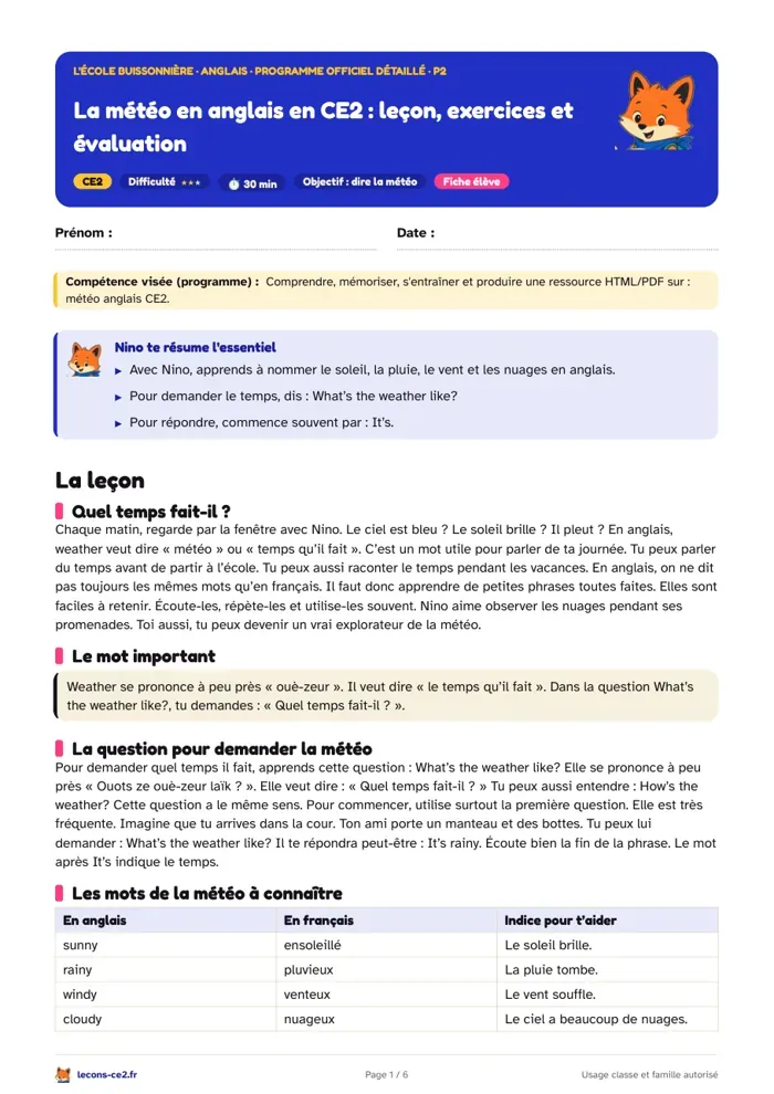Aperçu de la fiche « La météo en anglais en CE2 : leçon, exercices et évaluation » en PDF